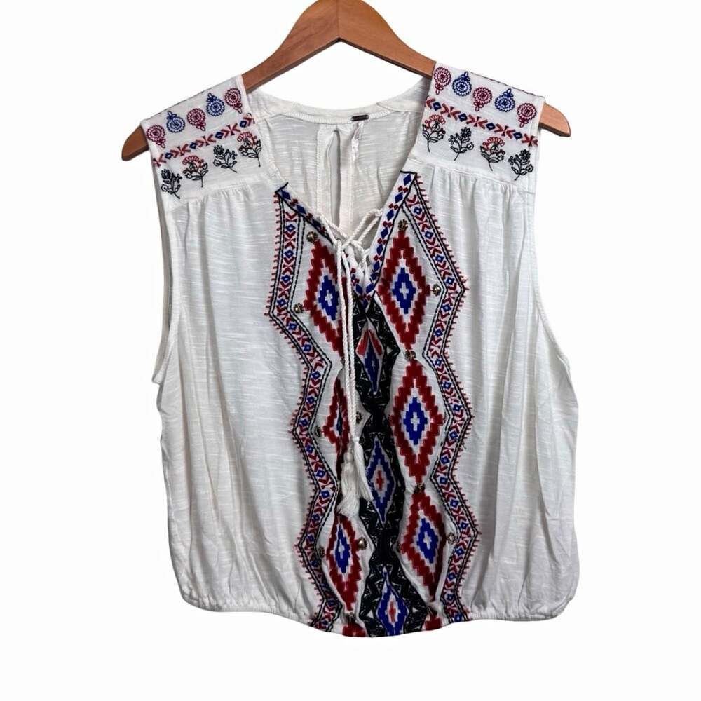Free People Women’s White Cotton Peasant Blouse Embroidered Tassel Tie V-Neck S